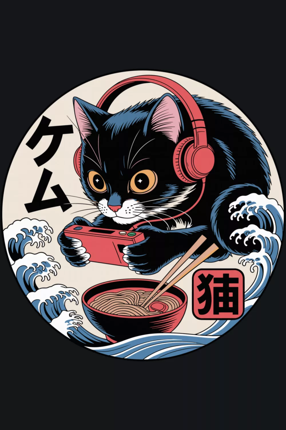 Cute anime neko ramen bowl with wave art accents and a crisp outline for readability