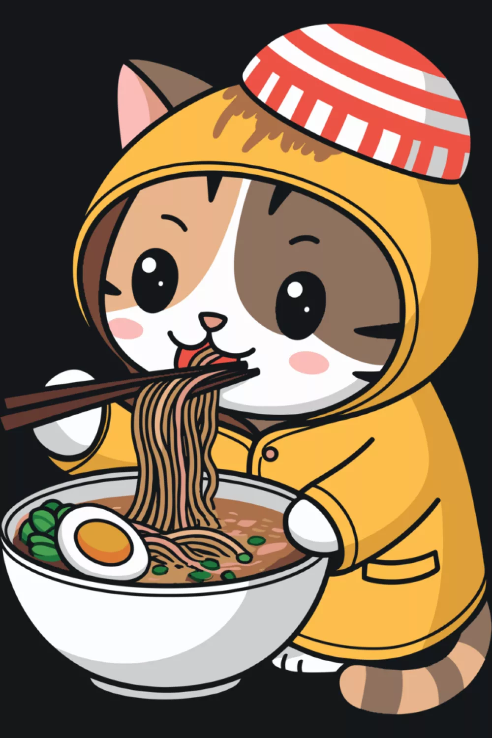 Cute anime cat holding ramen with a sweet face and a simple, clean character focus