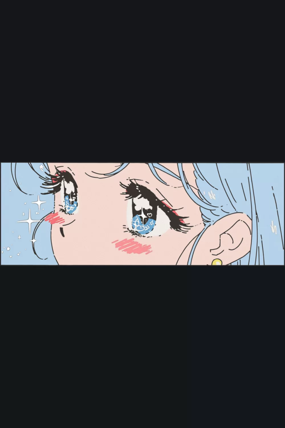 blue toned anime eyes with a retro vibe and a calm, dreamy gaze