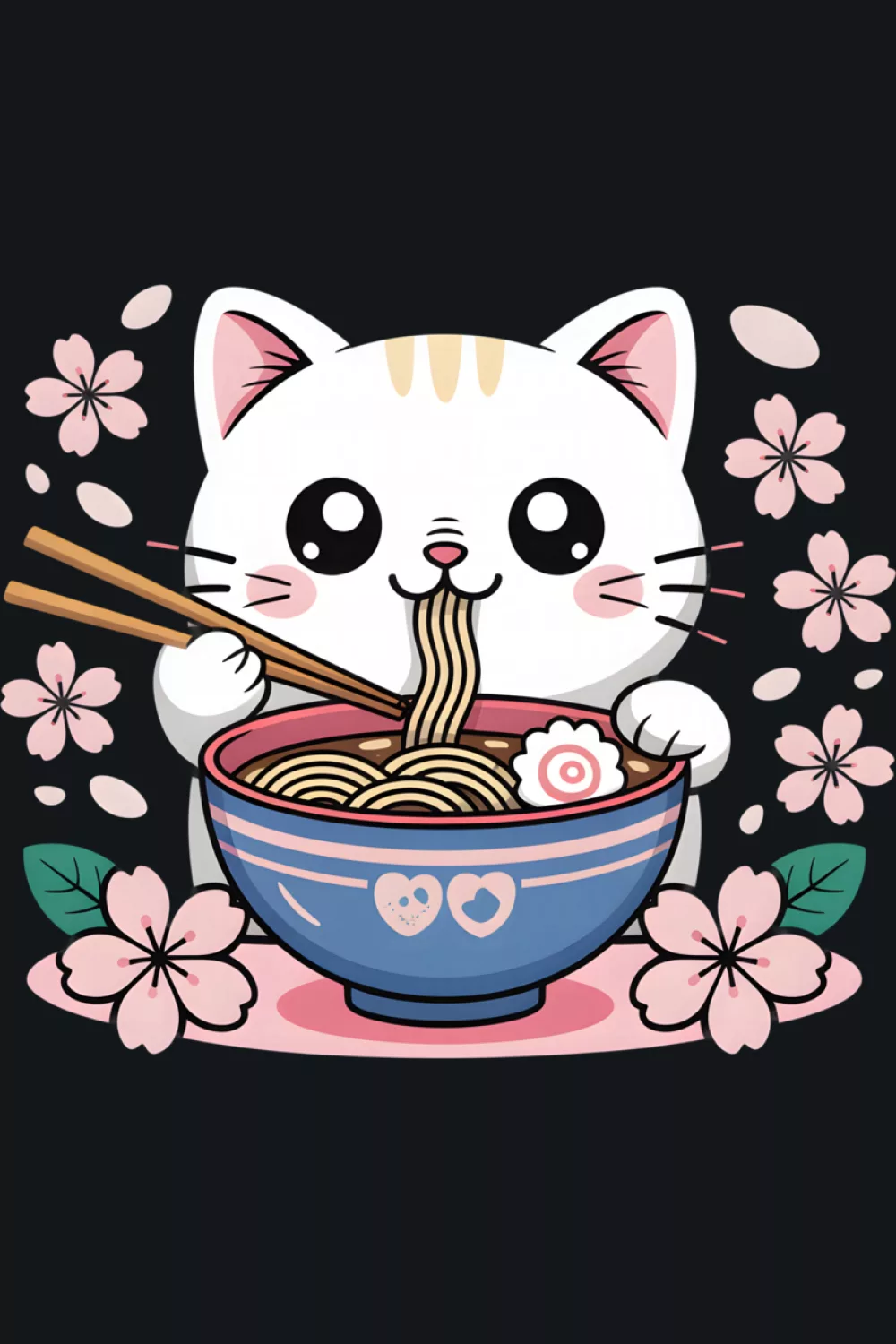 Cute cat enjoying ramen in a calm aesthetic layout with soft shapes and balanced space