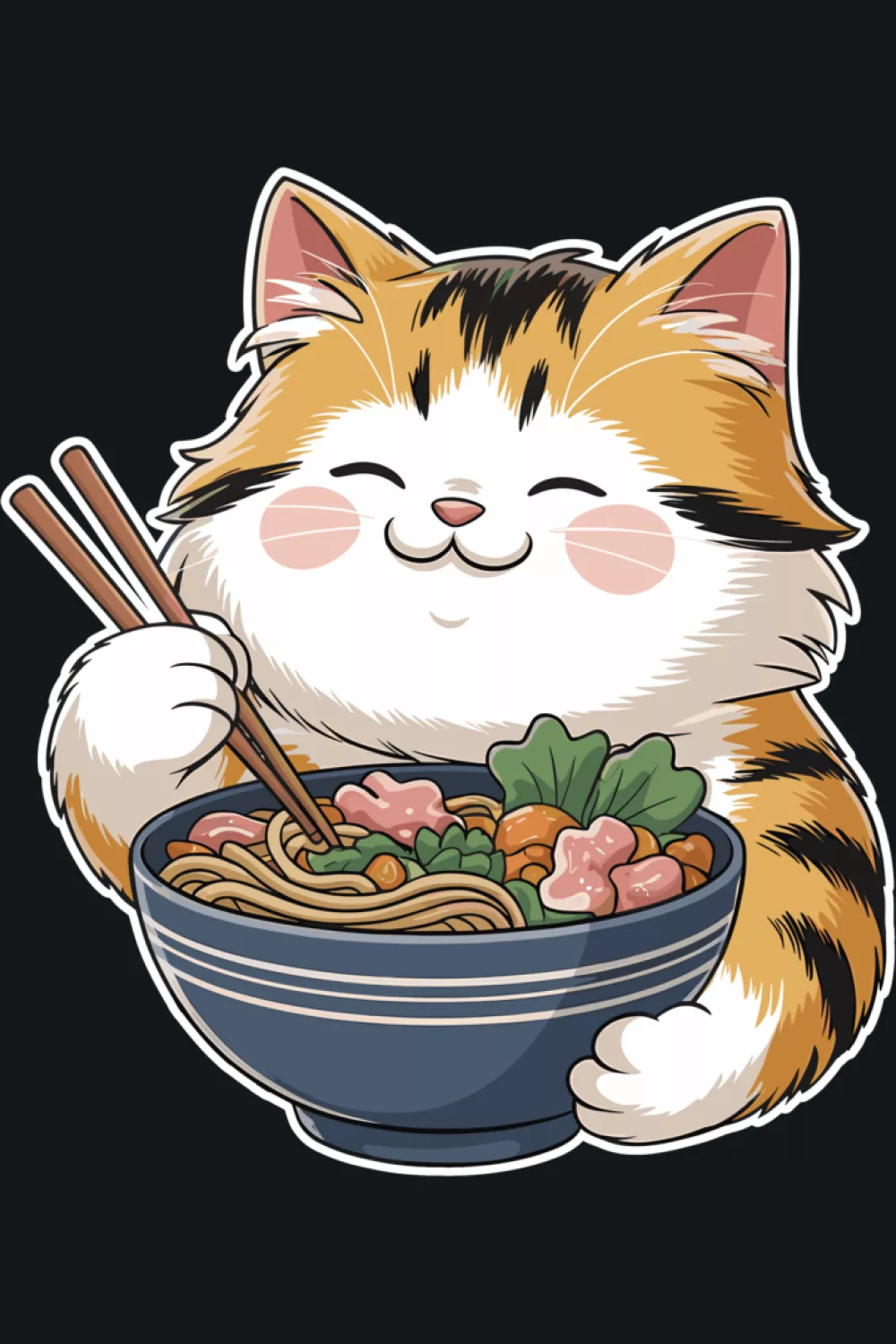 Cute cat eating ramen with soft cheeks and a warm friendly vibe for cat lovers