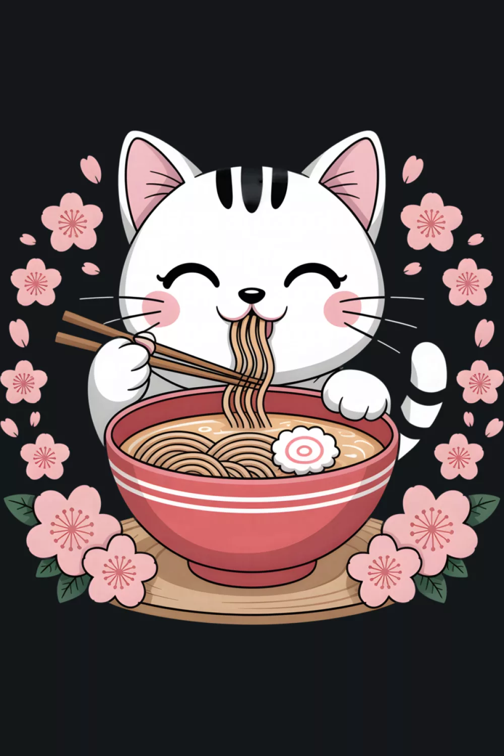 Cute cat eating ramen with a polished kawaii style and tidy, balanced details