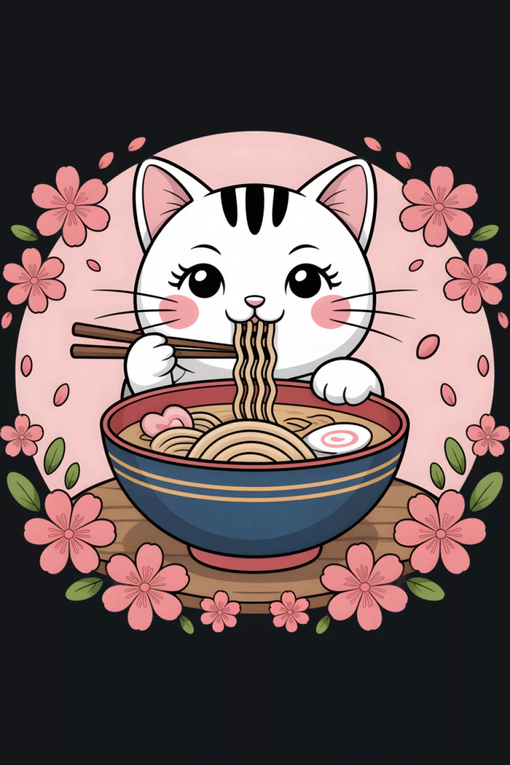 Cute ramen cat framed by floral accents for a soft, decorative and sweet feel