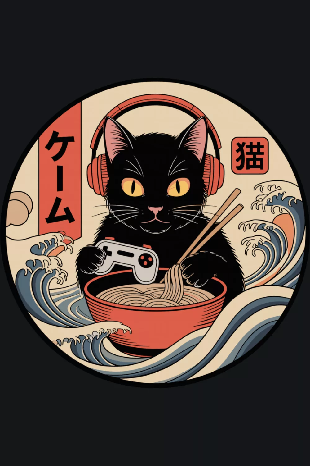 Cute cat ramen bowl with Japanese wave vibes and a clean, centered badge look
