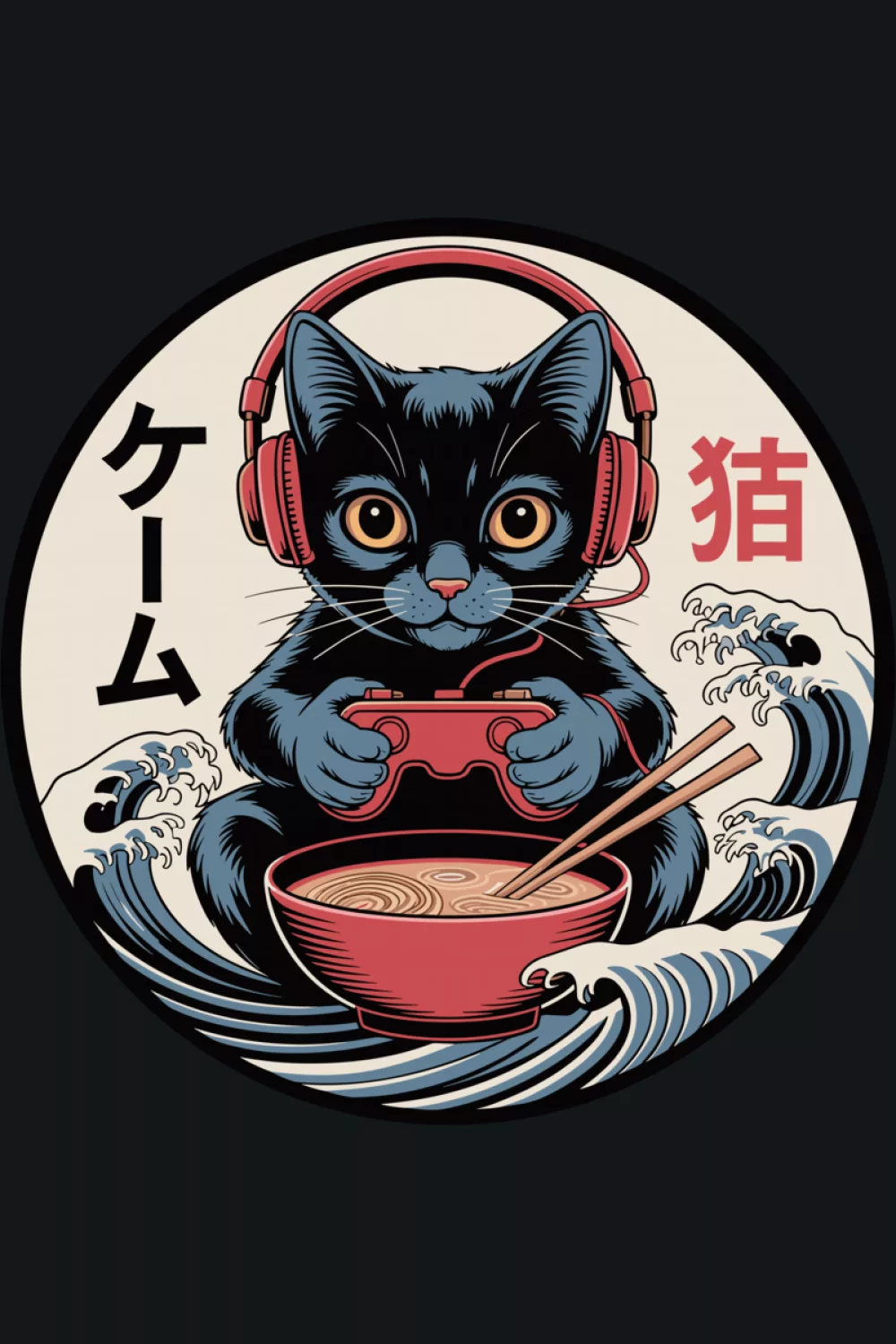 Cute kitty ramen bowl with wave accents and a calm, tidy poster composition