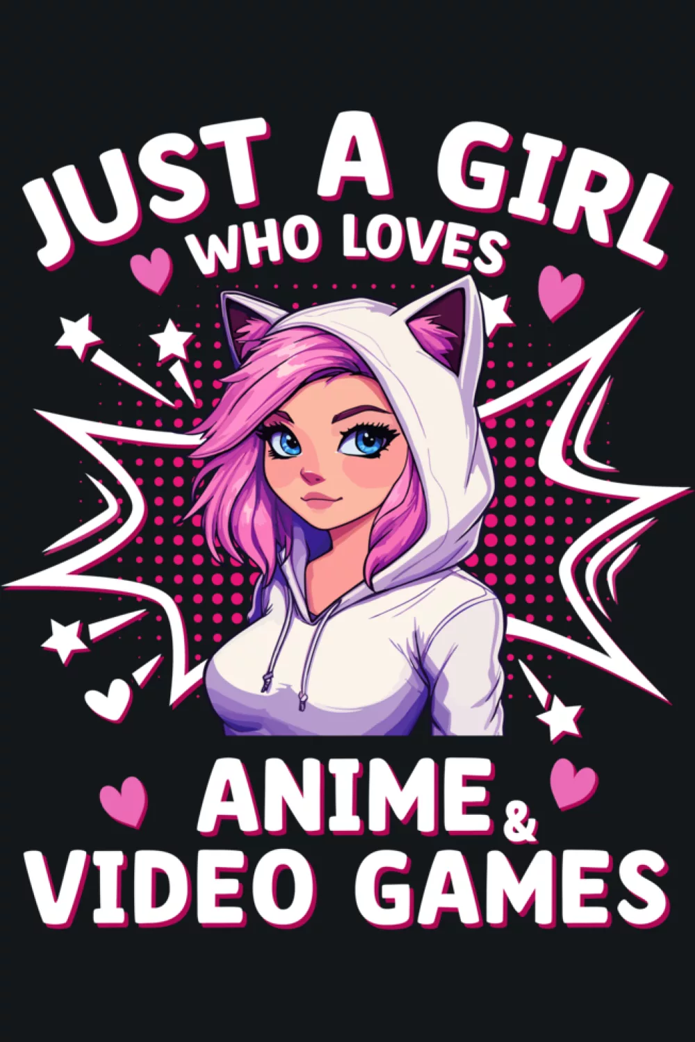 cute anime girl with gaming icons, quote text about anime and video games, energetic neon accents