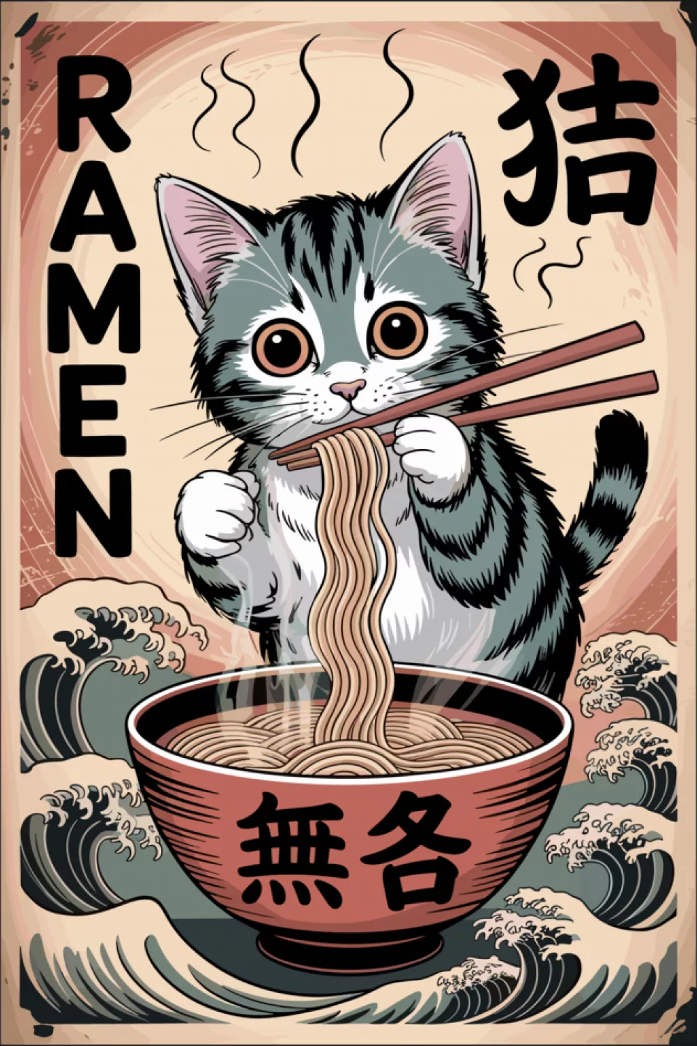 Cute kawaii cat slurping ramen with a bold poster border and classic noodle bowl details