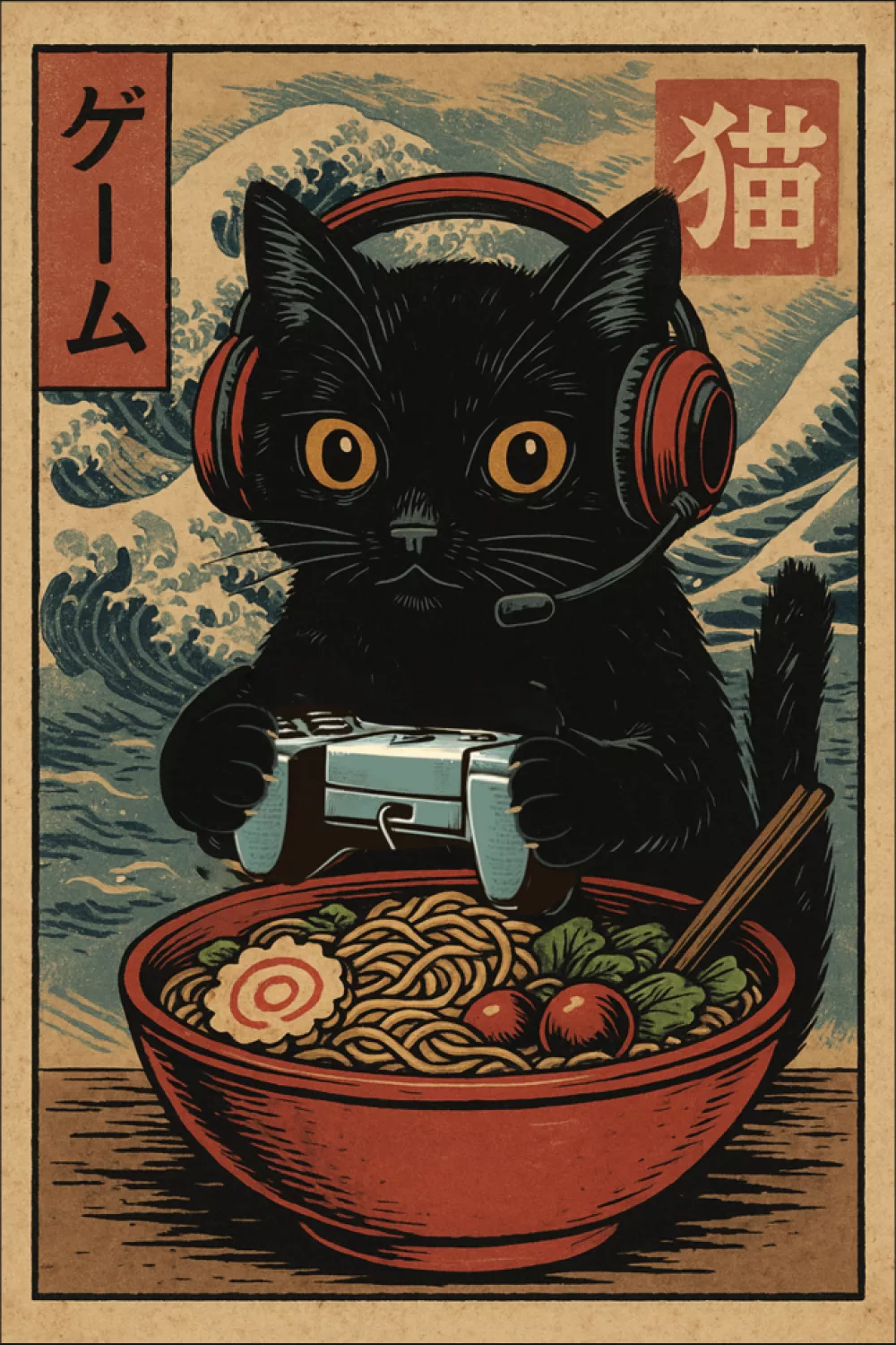 gamer cat in ramen bowl concept, cute funny crossover of gaming and noodles with a playful retro mood