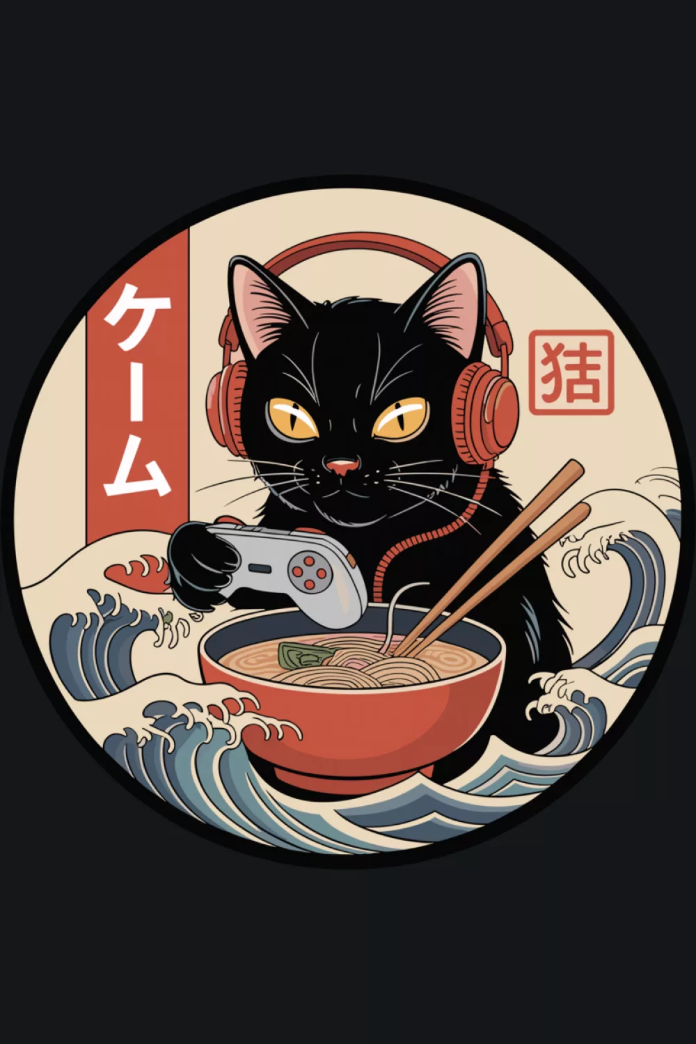Cute ramen cat with wave style background and a cozy bowl scene