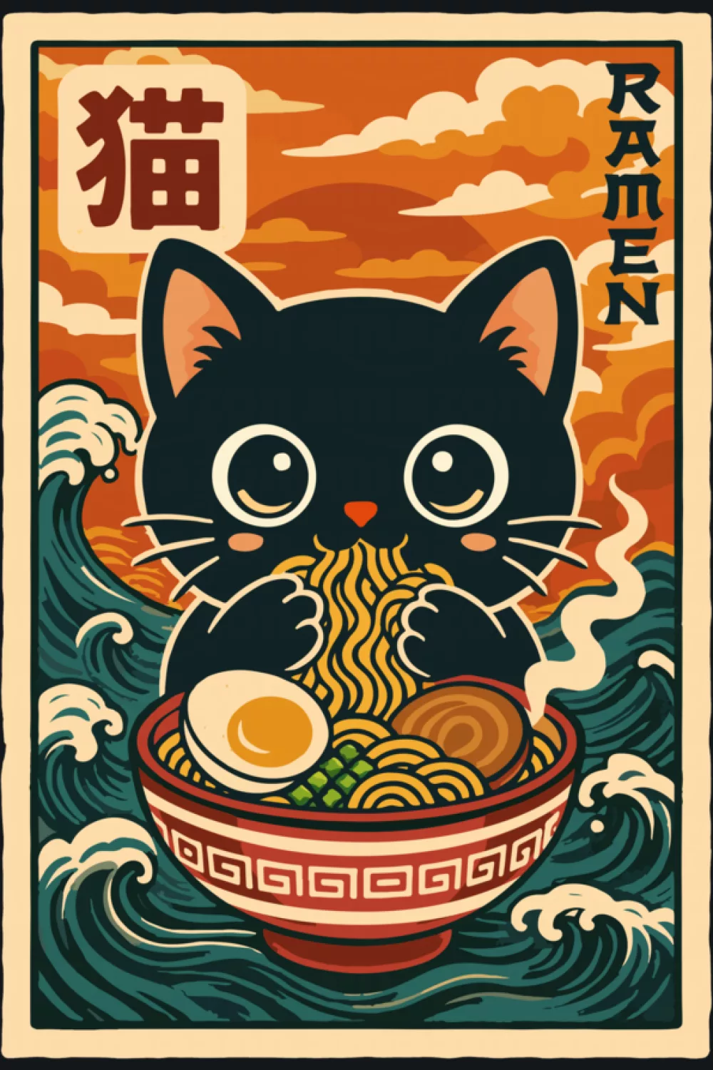 cute ramen cat in a framed Japanese poster style, clean lines with a friendly vintage vibe