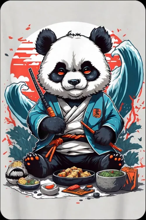 Cute Samurai Panda Eating Sushi Anime Panda Manga Retro T-Shirt