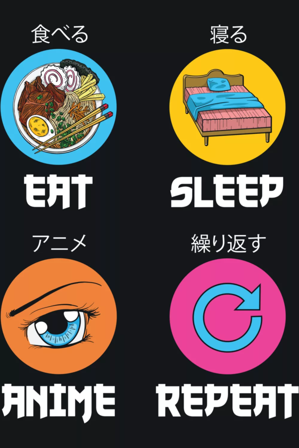 eat sleep anime repeat shirts with a simple icon grid and bold routine words for anime fans