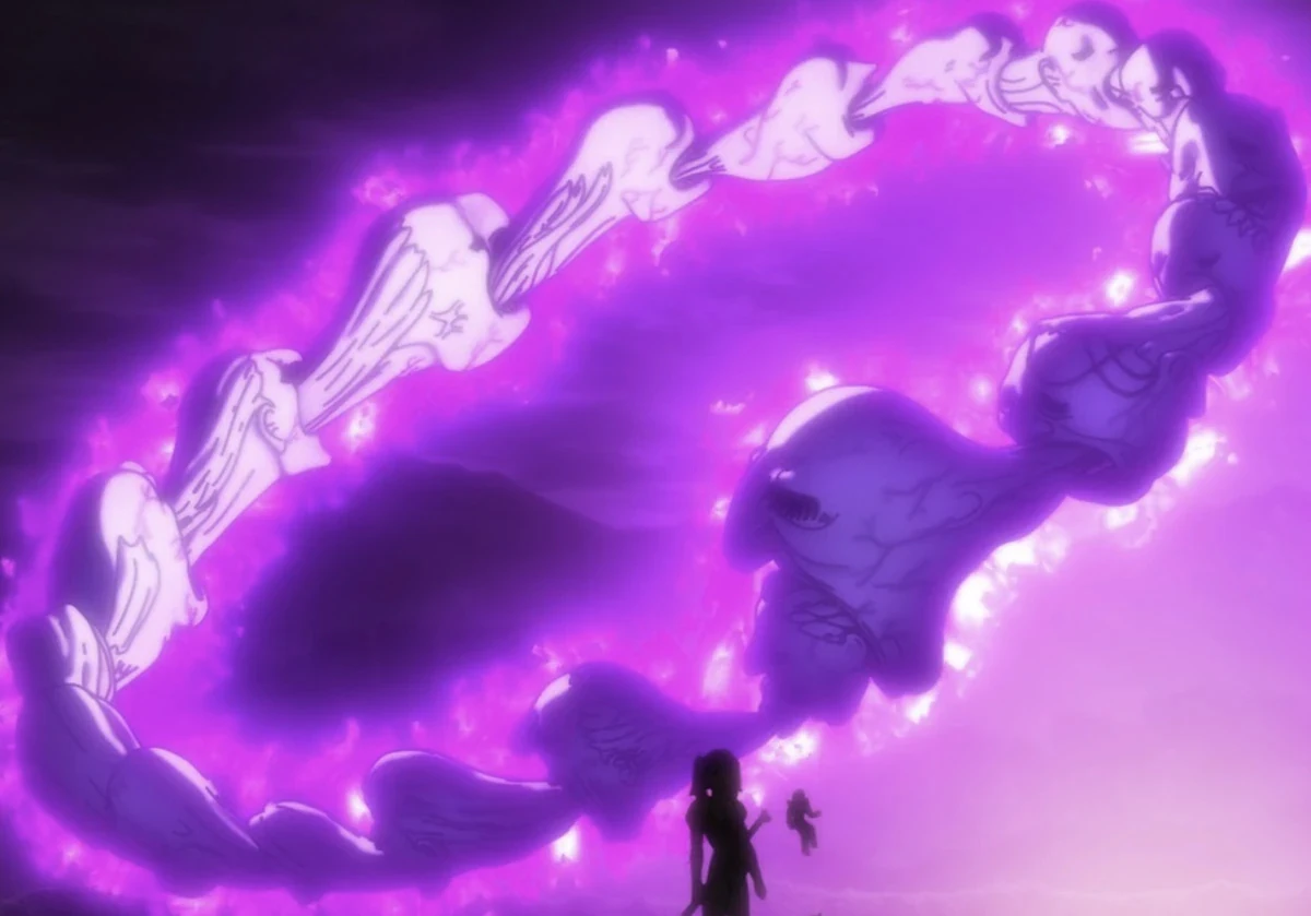The cursed chain of Elizabeth’s past lives glowing in ominous purple light