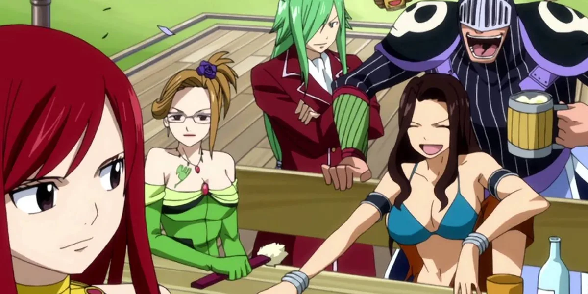 Erza sitting at a guild table with Cana, Evergreen, Freed and Bickslow laughing and drinking together.