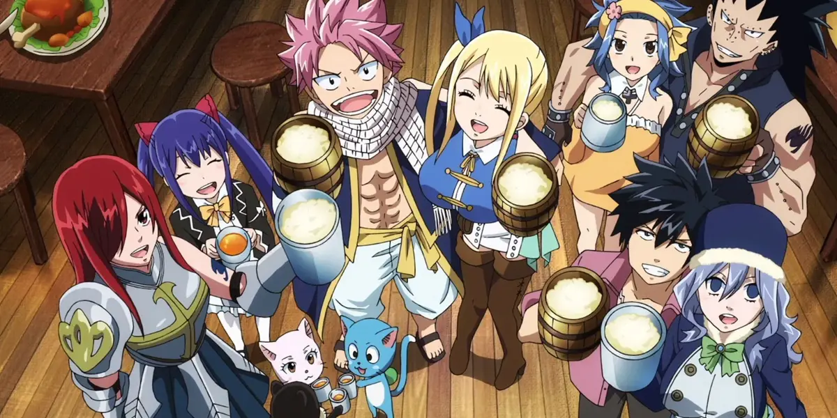 Natsu, Lucy, Erza, Gray and the rest of Fairy Tail guild raising their mugs together inside the guild hall.