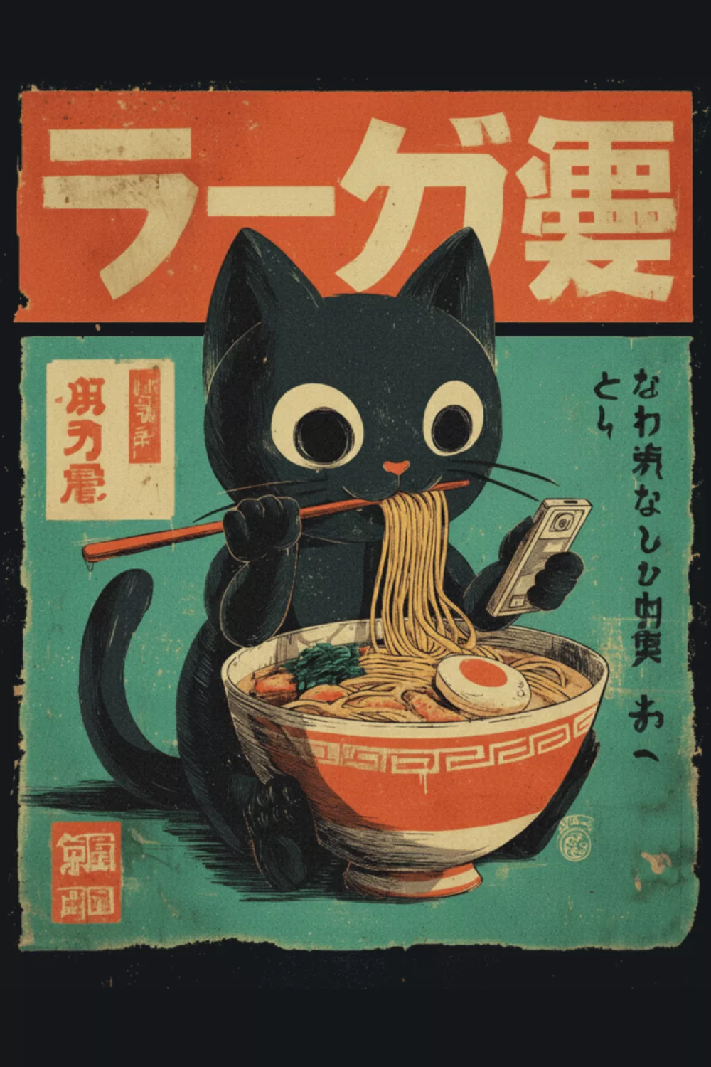 retro ramen cat poster with playful typography blocks and a quirky, cartoon like attitude