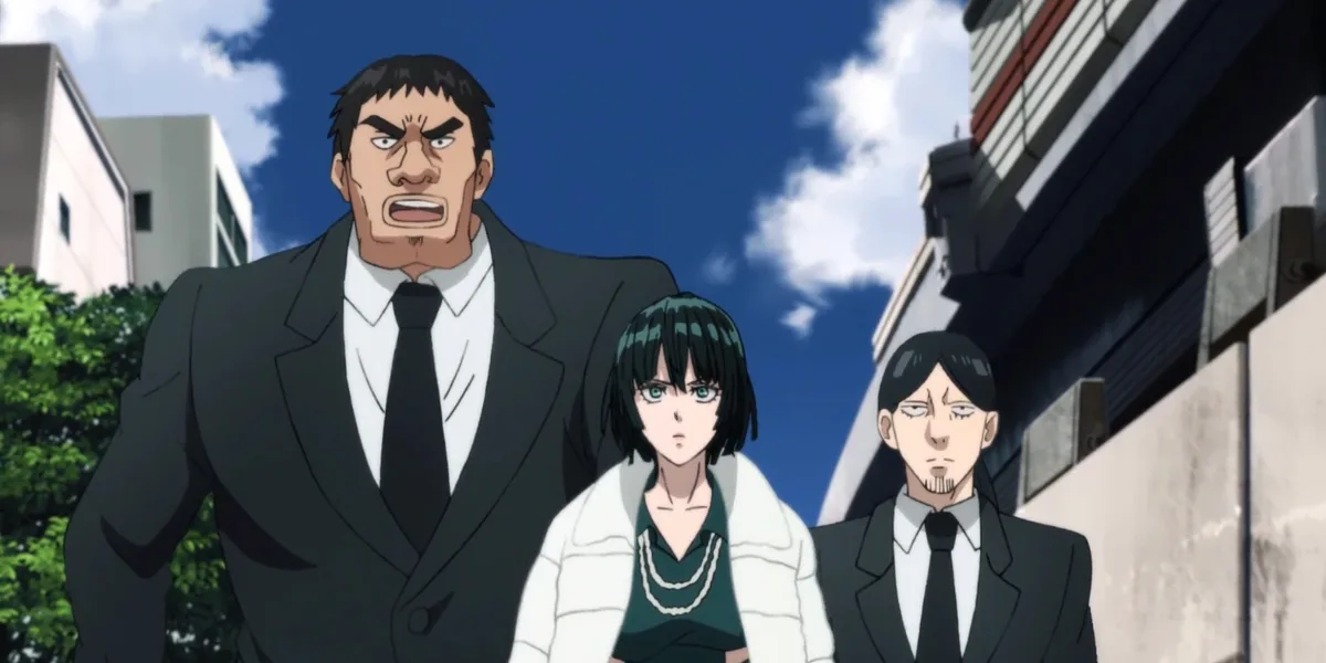 Fubuki walks with her suited Blizzard Group bodyguards