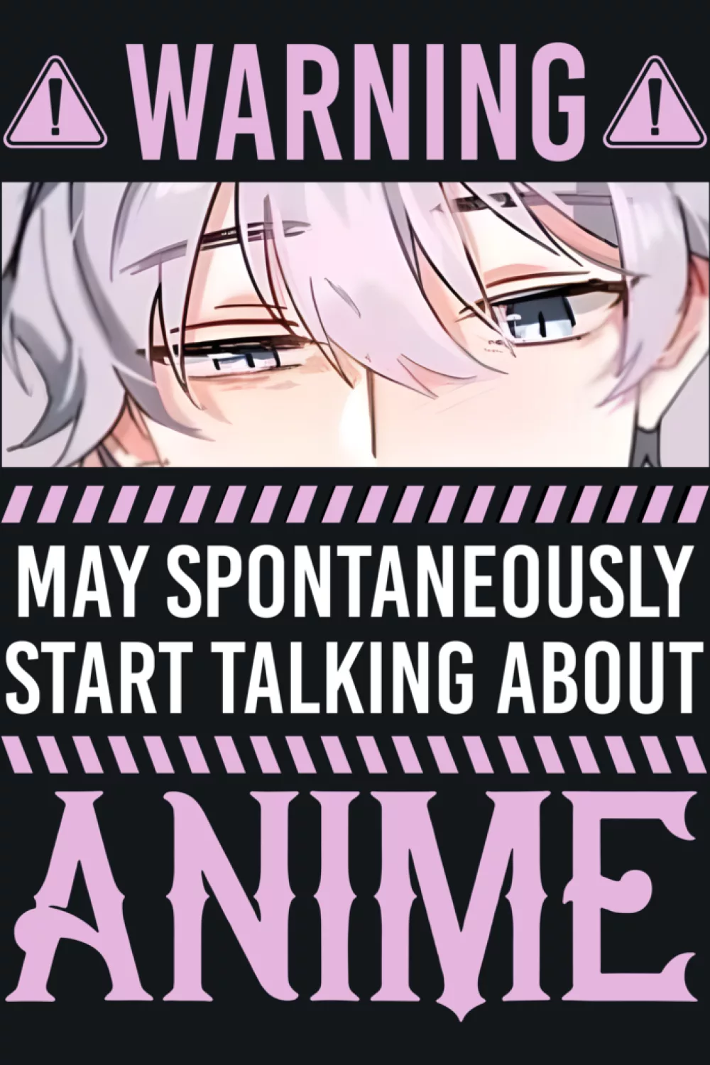 Soft pastel warning style with a calm portrait and big anime letters for a gentle fan look