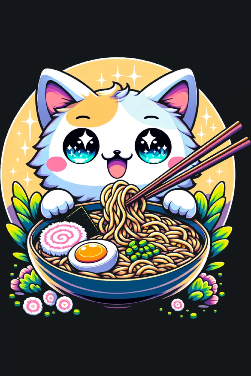 Kawaii ramen noodles cat with a playful look and a fun snack time mood
