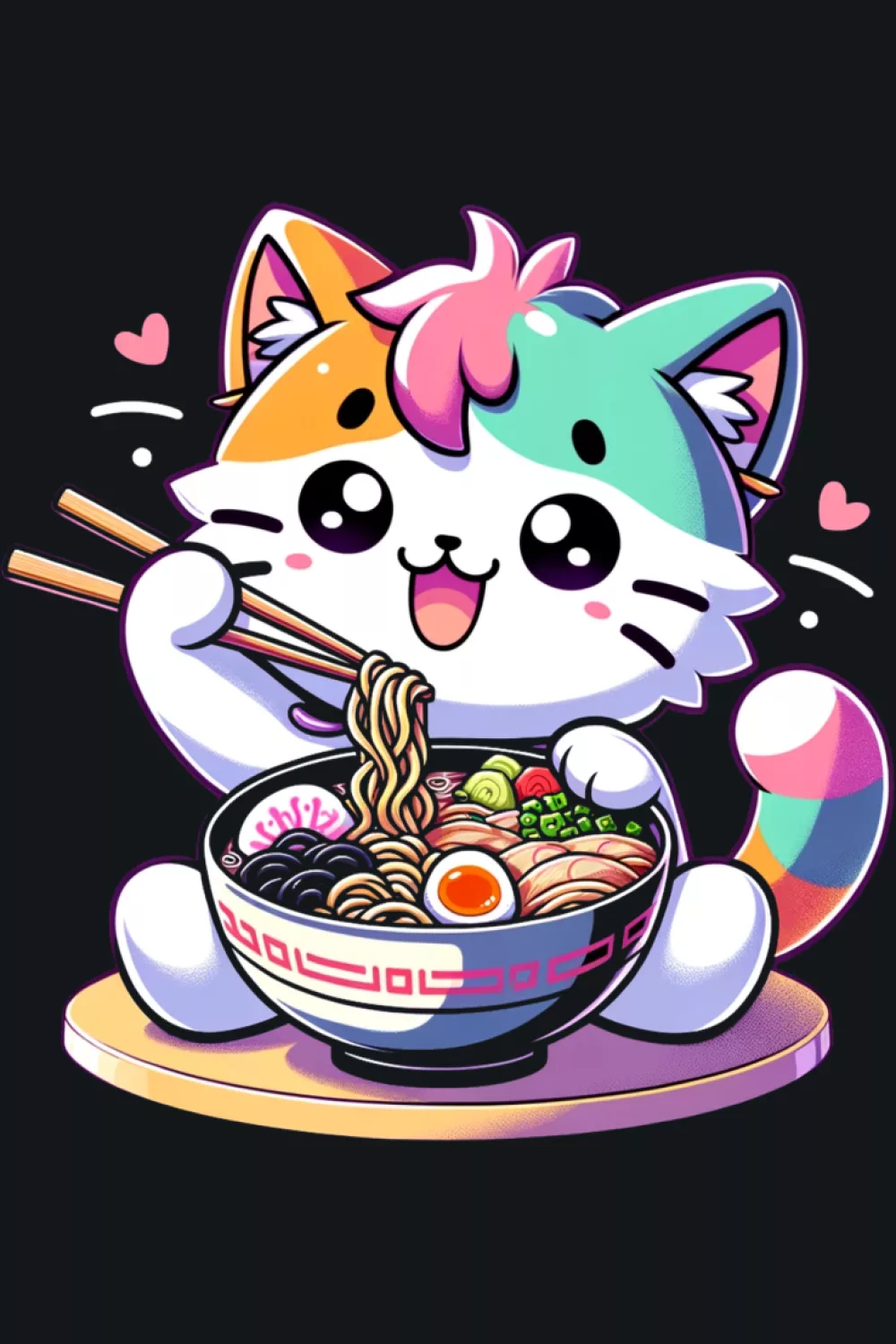 Funny kawaii cat ramen noodles scene with a bright playful expression