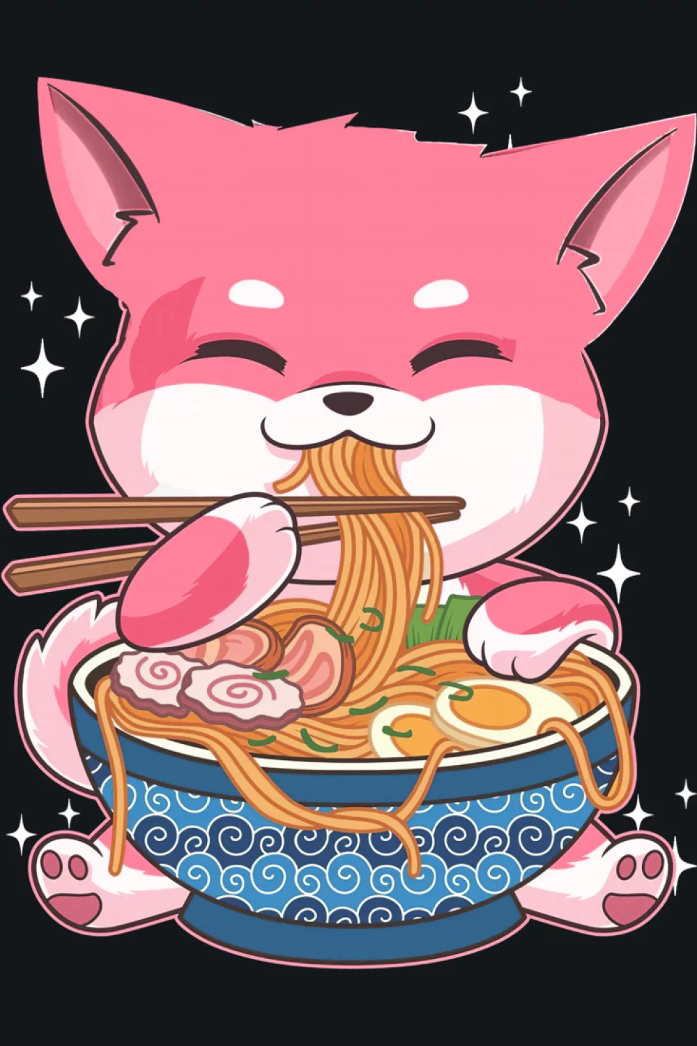 Funny kawaii cat eating ramen noodles with expressive eyes and playful motion