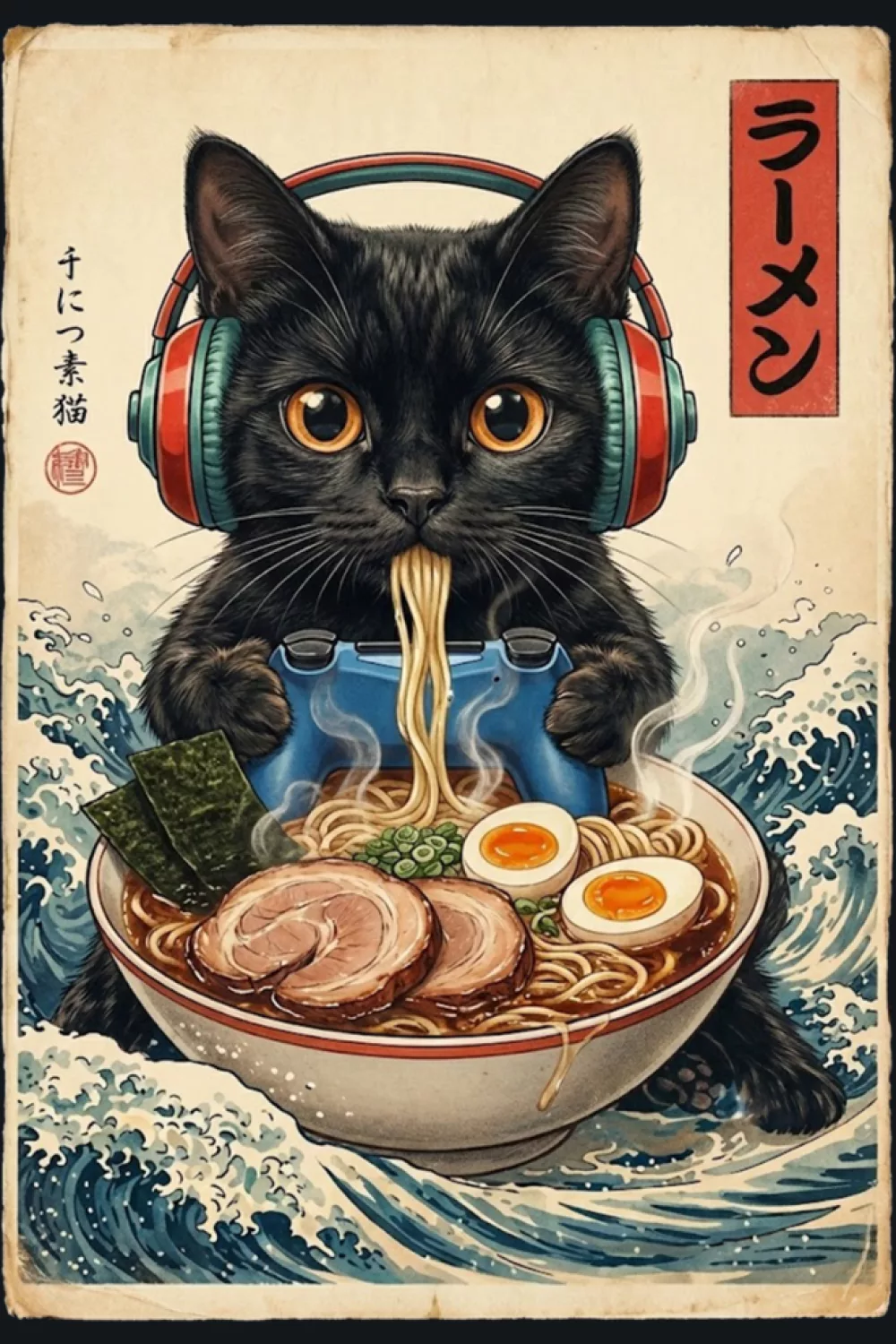 Meme style ramen cat with exaggerated expression and bold poster framing