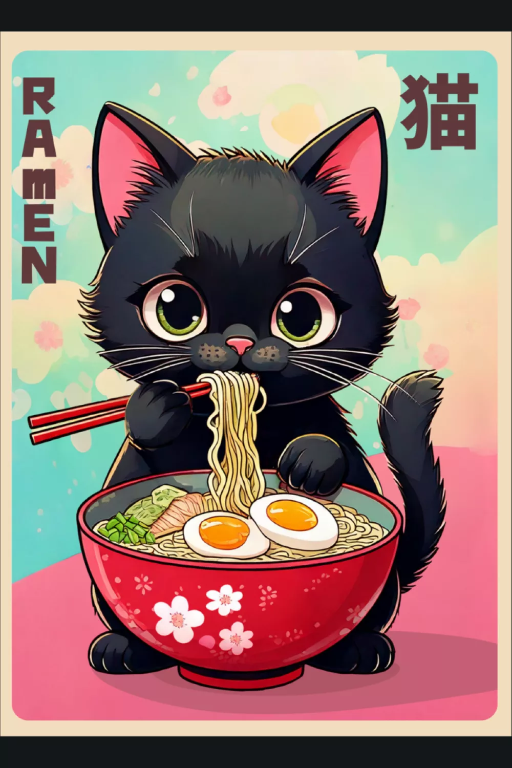 Funny ramen cat graphic with lively expression and a bright, gift ready feel