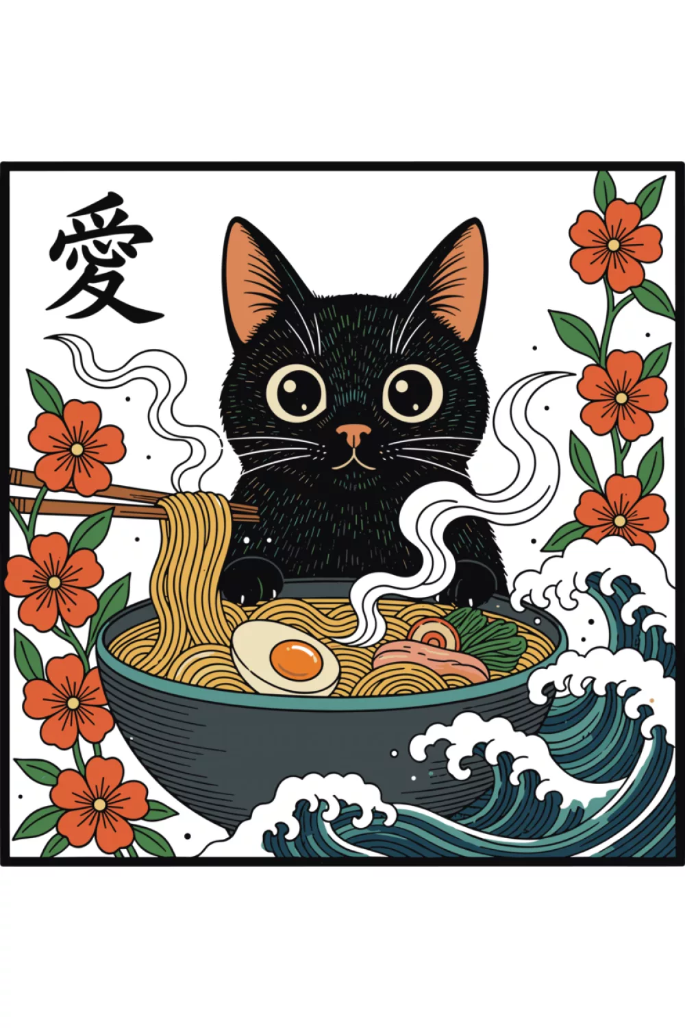 Funny kitten ramen poster with a simple bowl scene and cute character focus