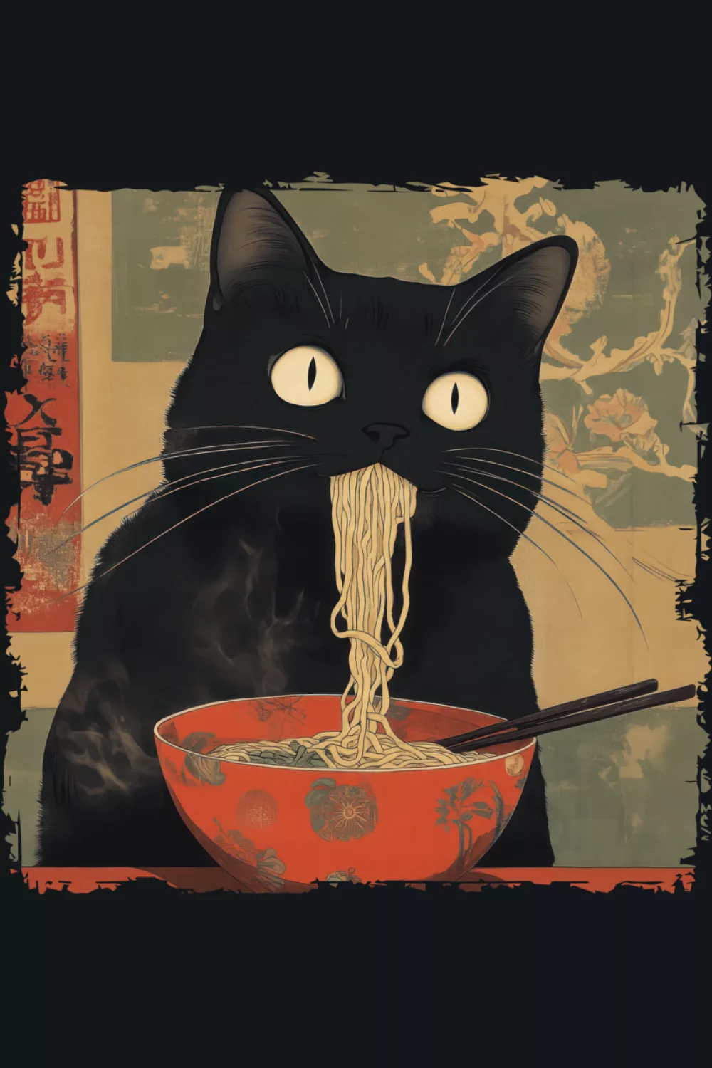 Funny ramen cat with Japanese art poster energy and a lively, dramatic noodle slurp