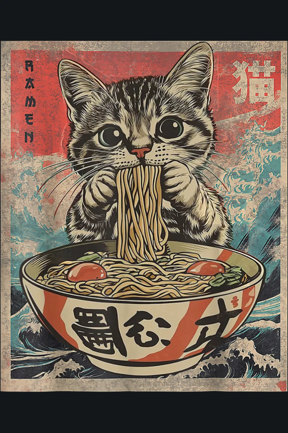 vintage style cat with ramen noodles, textured poster look with a nostalgic Japanese food vibe