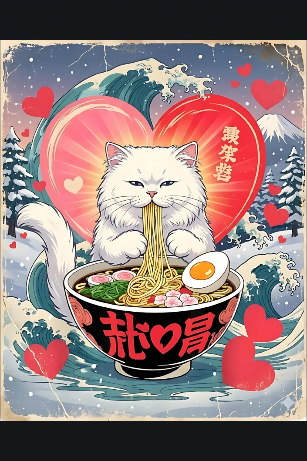 Valentine themed ramen cat with hearts and a sweet noodle bowl scene