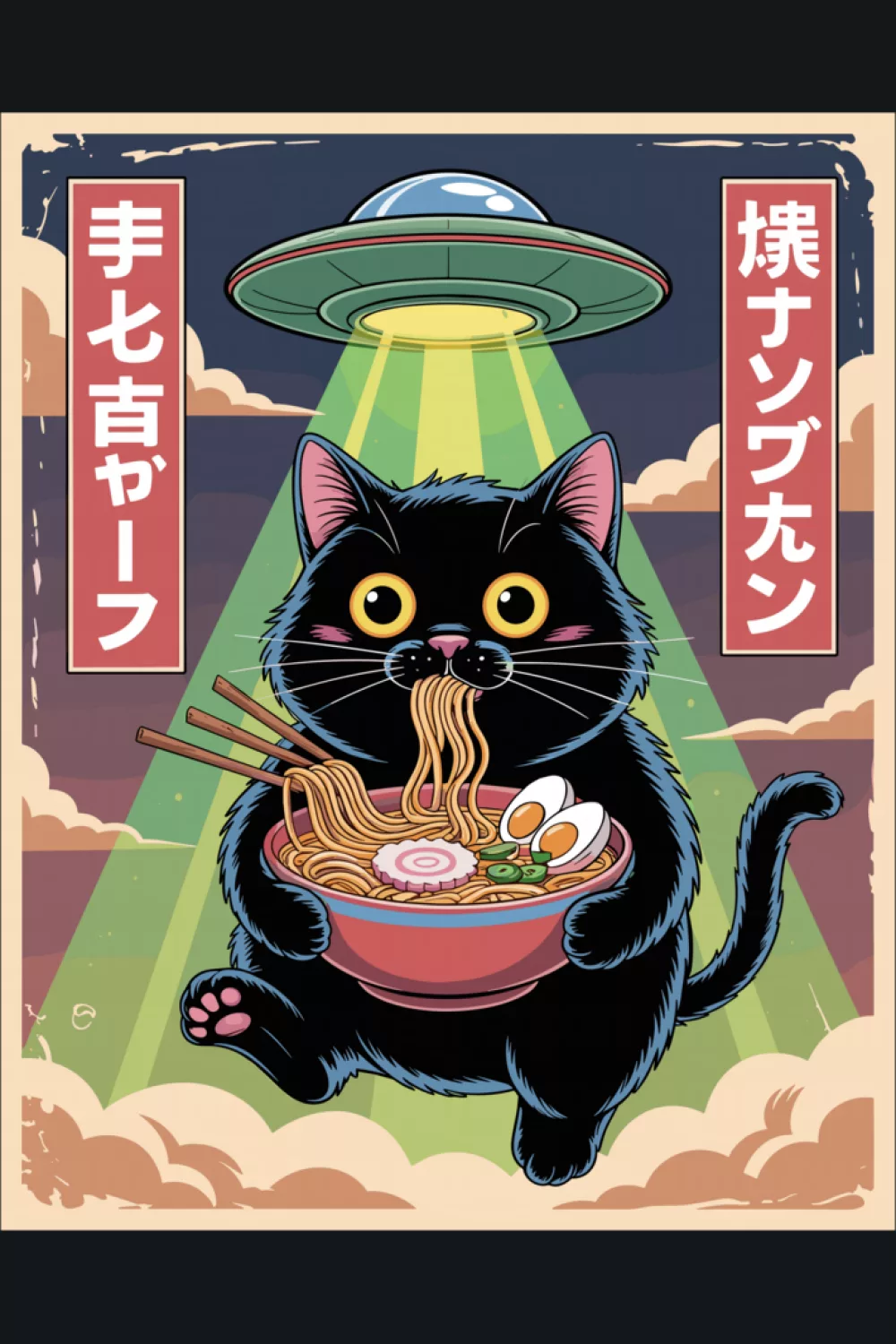 UFO themed ramen cat with a playful sky scene and a fun, adventurous story vibe