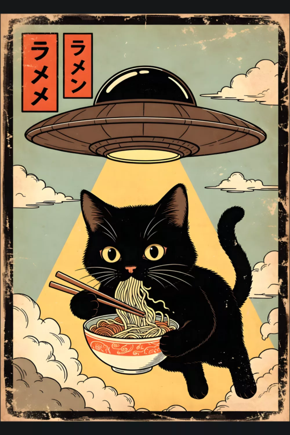 Funny ramen cat with a UFO theme and a playful, story like scene that sparks curiosity