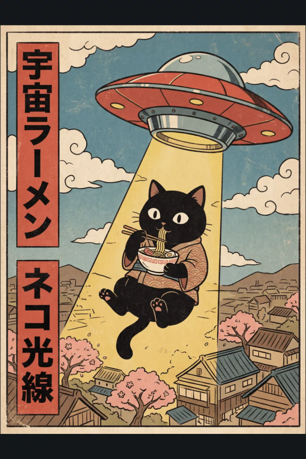 Funny ramen cat with a UFO cameo and playful Japanese poster energy for fans who like silly sci fi humor
