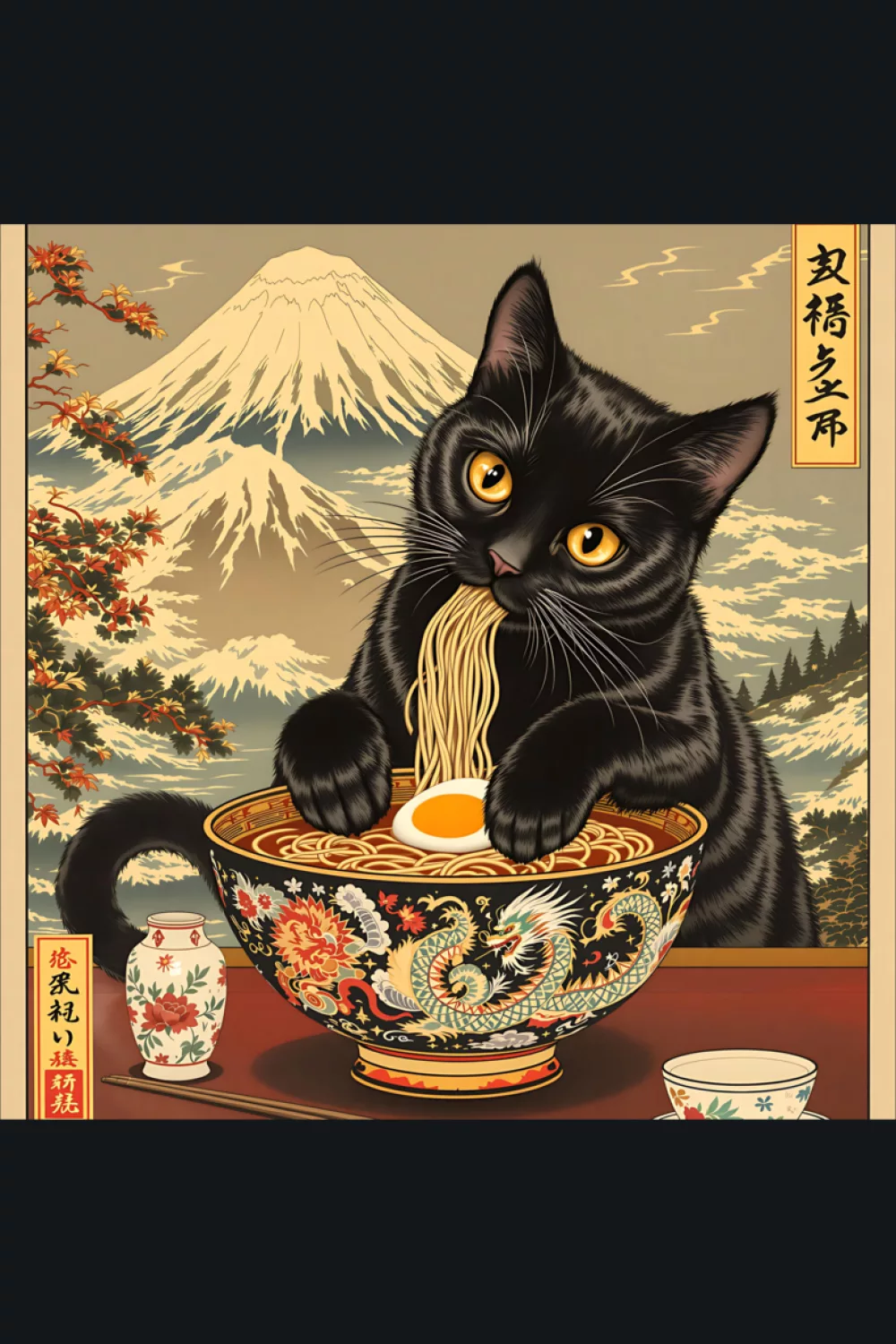 ukiyo e inspired black cat eating ramen, dramatic wave motion and traditional poster energy