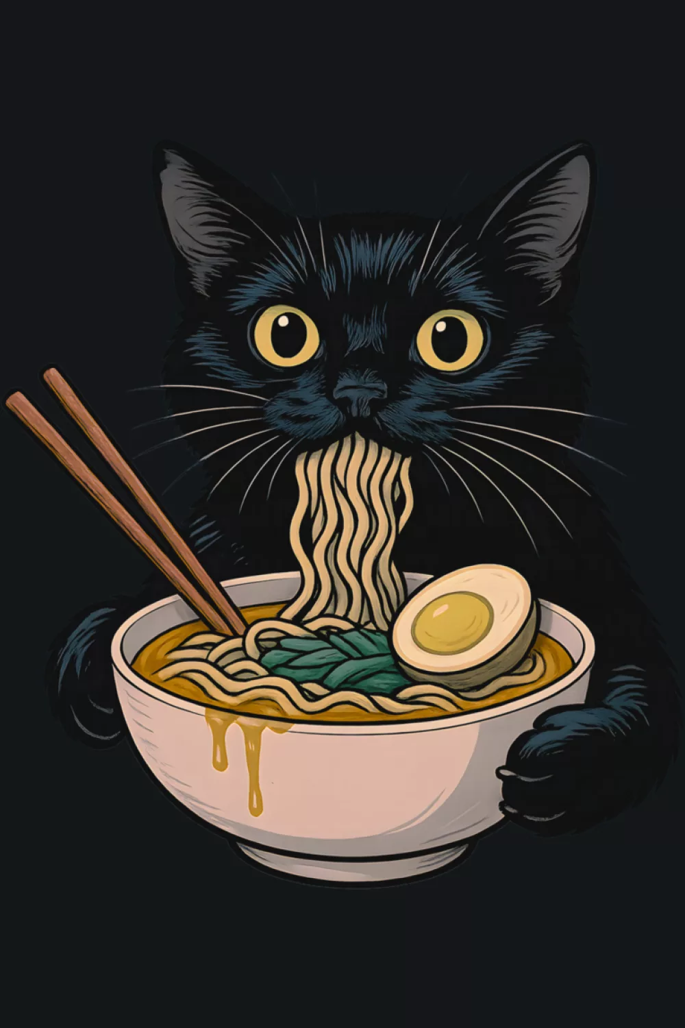 vintage Japanese noodles poster with a cat eating ramen, warm tones and an old print feel