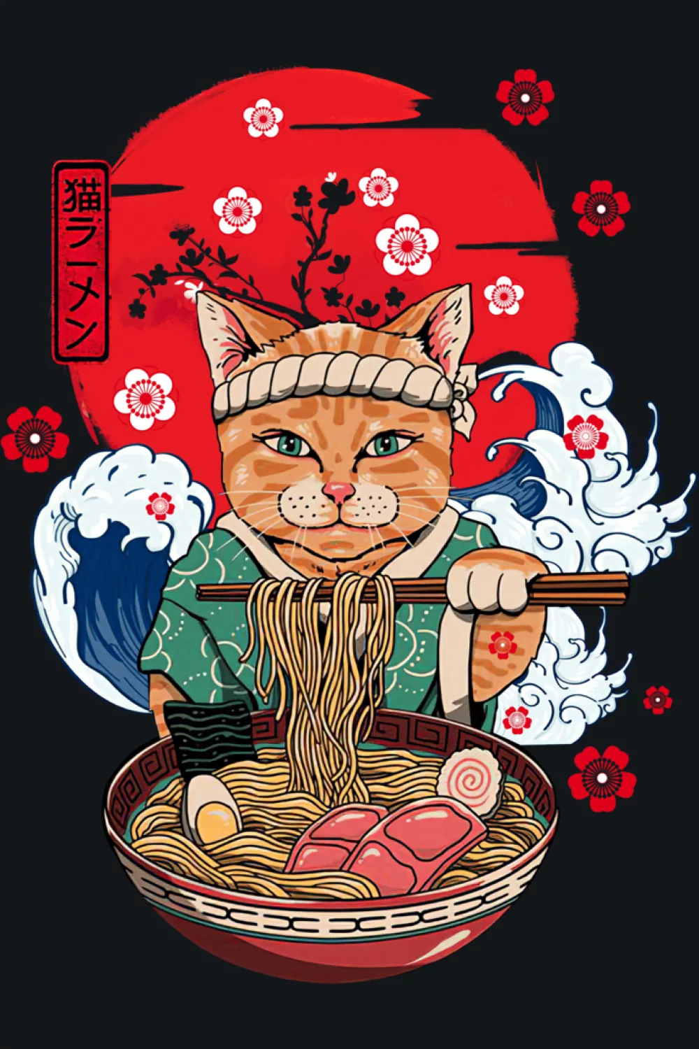 Funny kawaii cat eating ramen with a bright bowl and a playful, gift ready vibe