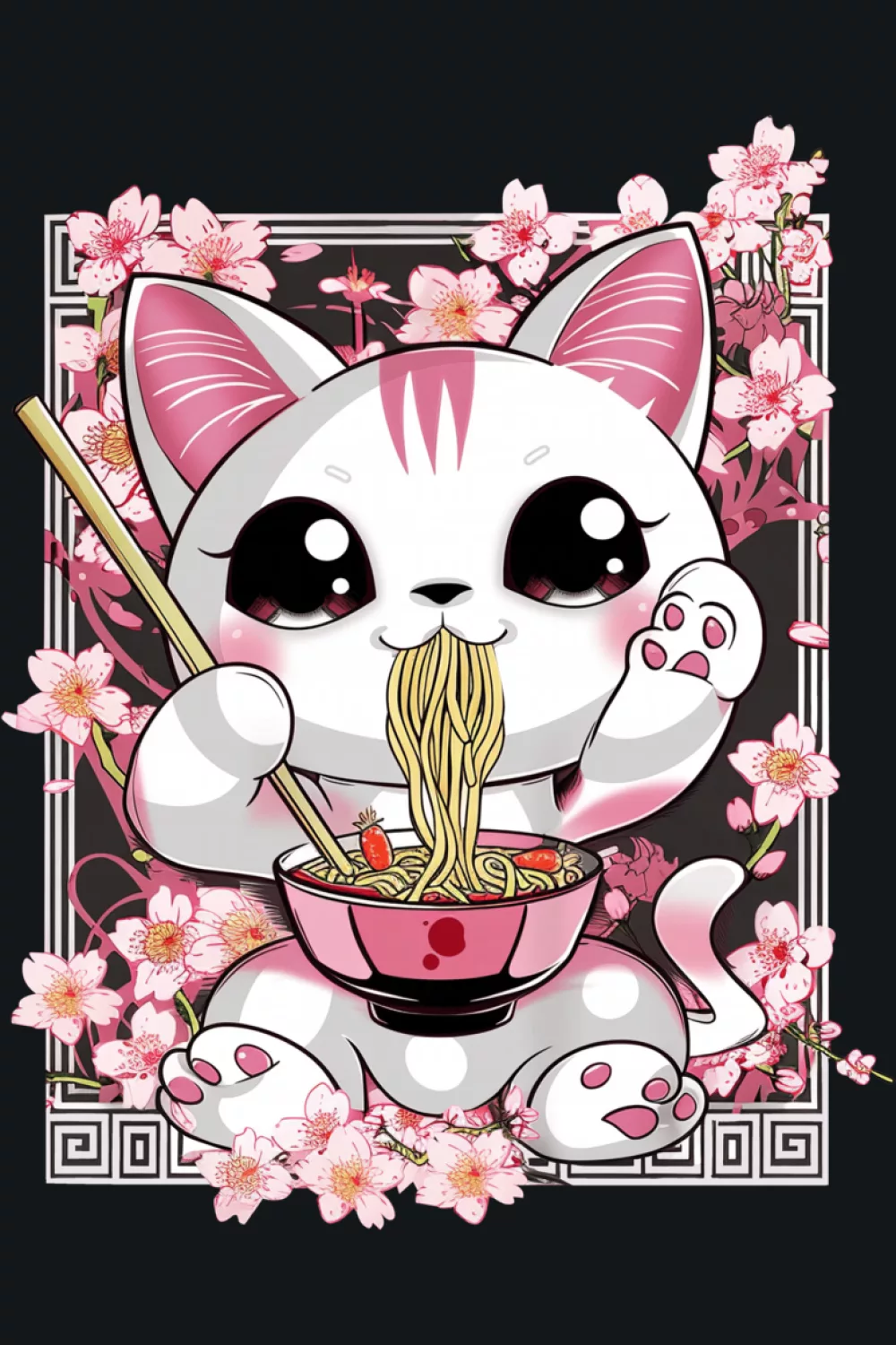 Cute cat eating noodles with a sweet, playful poster layout and cheerful accents