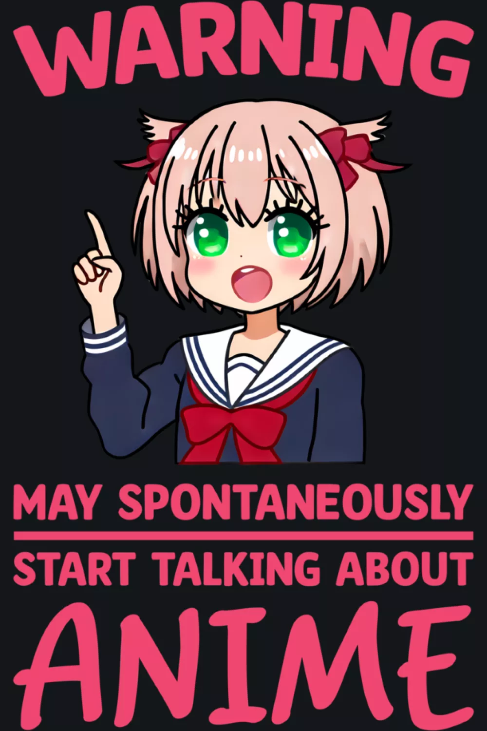 Cute chibi style character with big warning text for a funny and friendly anime vibe