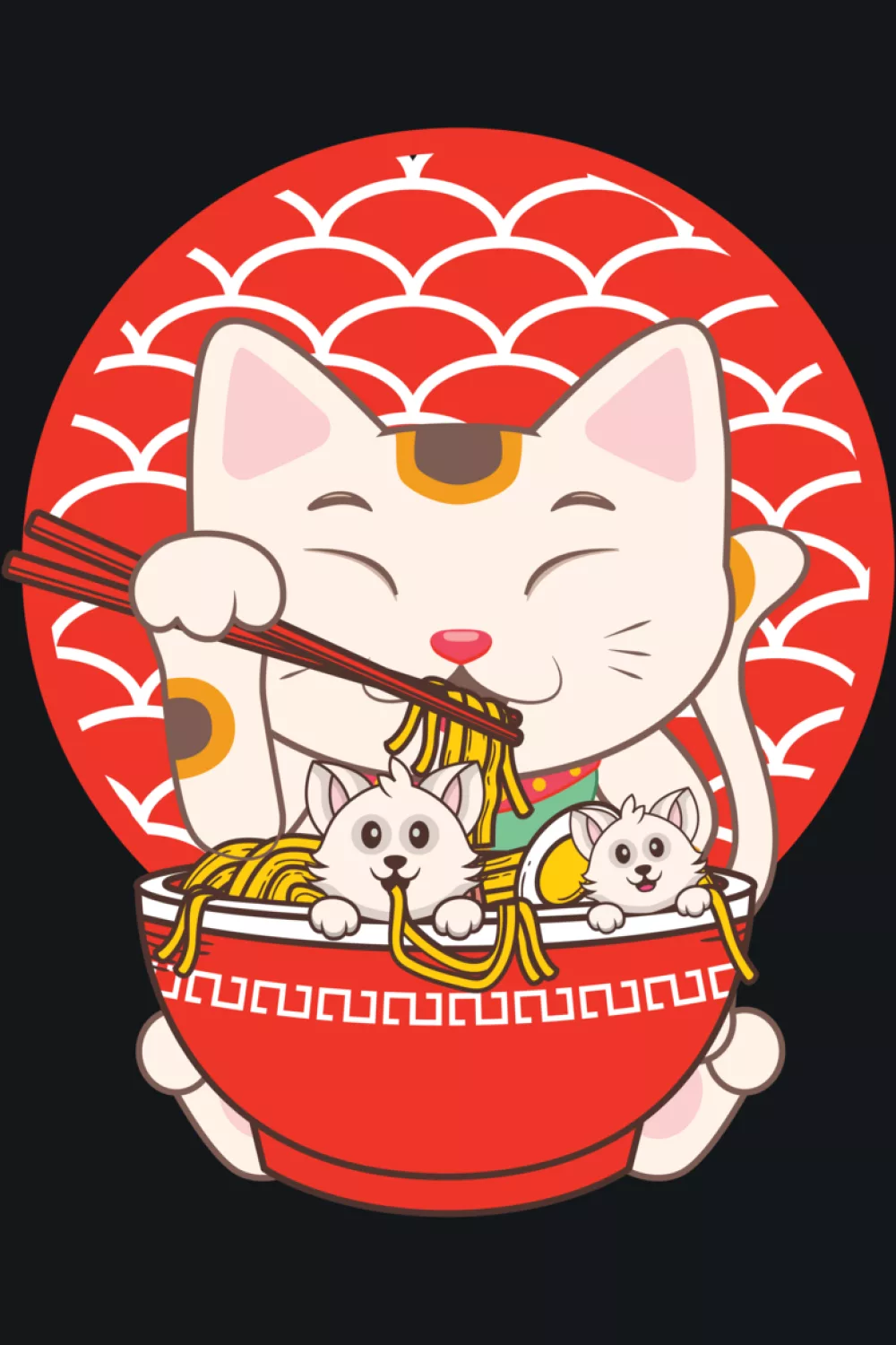 Cute funny ramen cat eating noodles with a big grin and an easygoing vibe