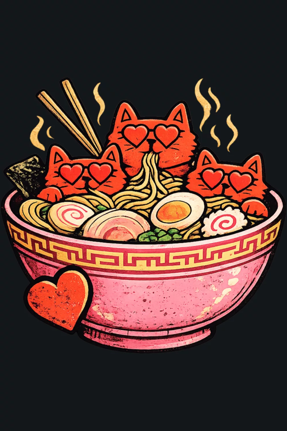 Heart themed ramen cats with a sweet romantic mood and cozy couple energy