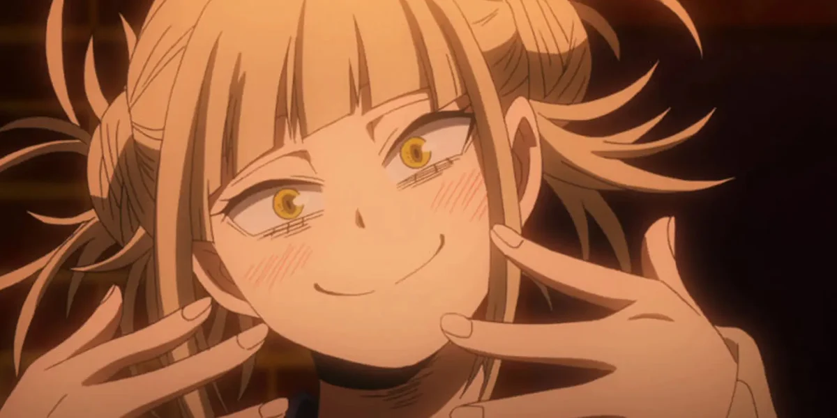Himiko Toga smiling with wide yellow eyes in a close up shot