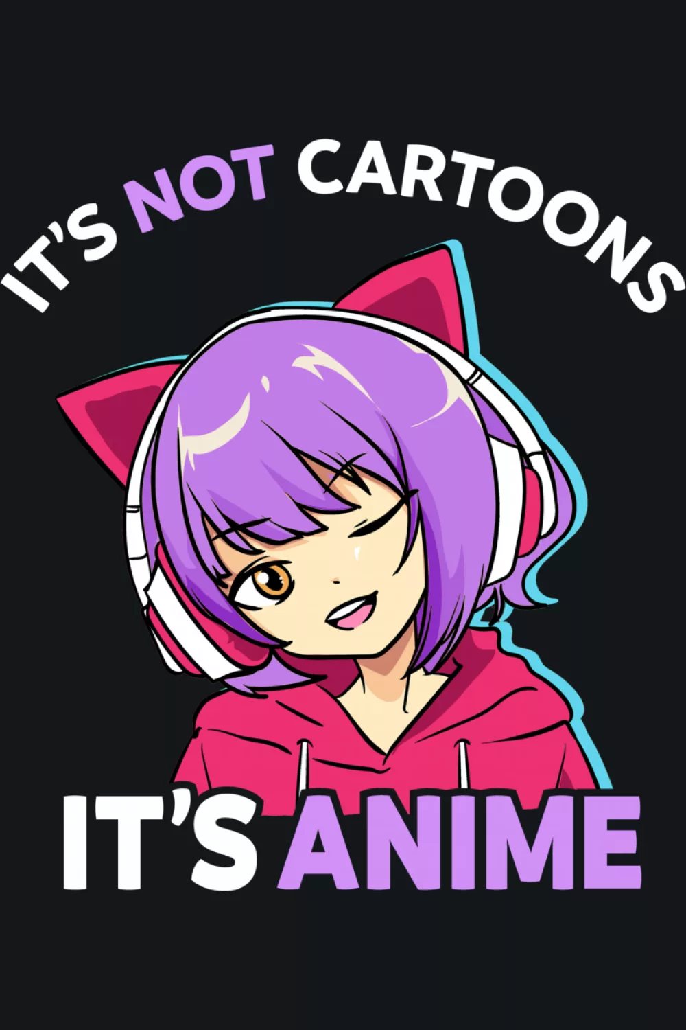 purple haired cat ear character with bright smile and repeating slogan for playful fans