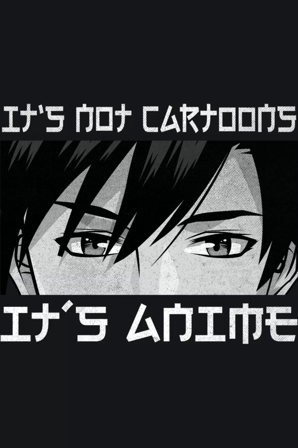 boy manga lover portrait that leans into otaku culture with the famous phrase on top