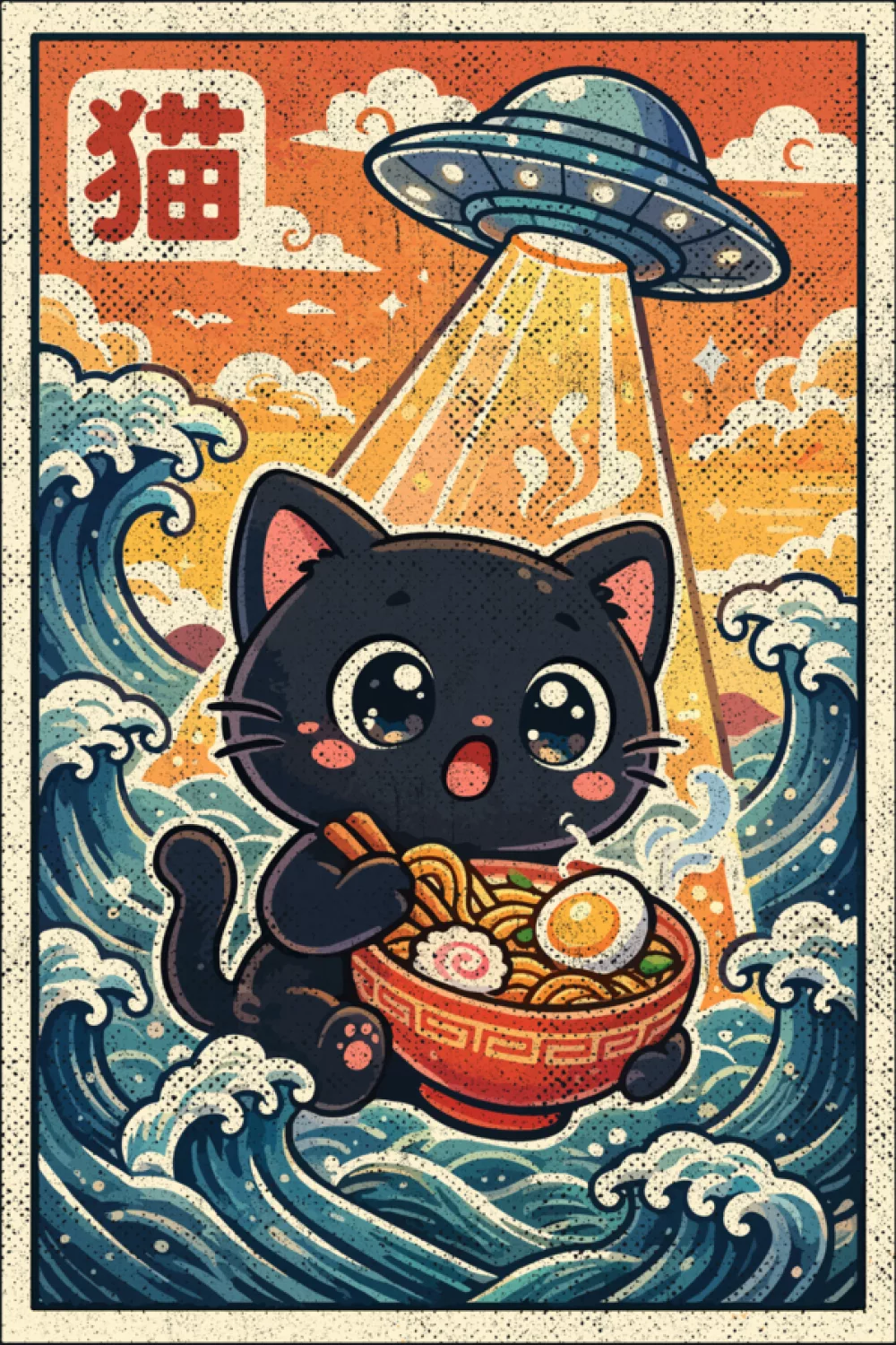 modern anime cat ramen shirt with a cute UFO poster scene and a black cat enjoying noodles
