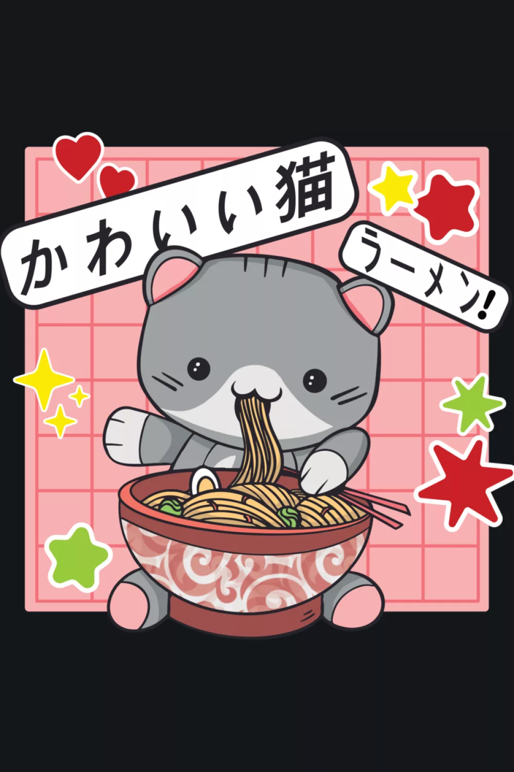 Nineties inspired ramen cat with playful shapes and bold color blocks like a nostalgia poster