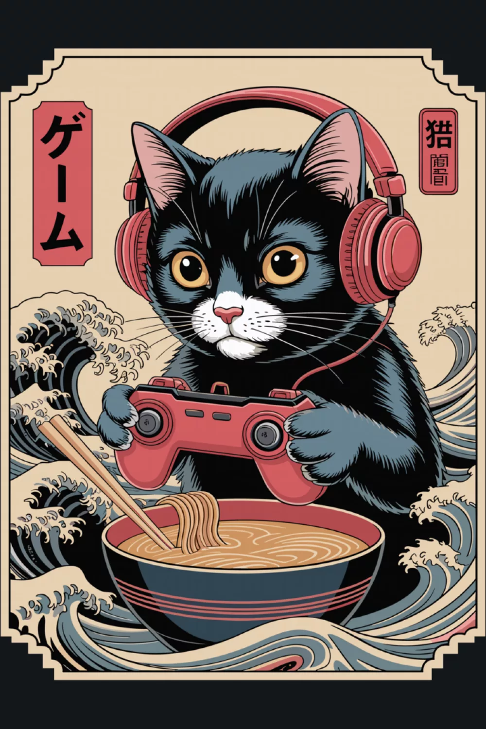 Japanese wave ramen kitty with a strong circular badge and a bright bowl highlight
