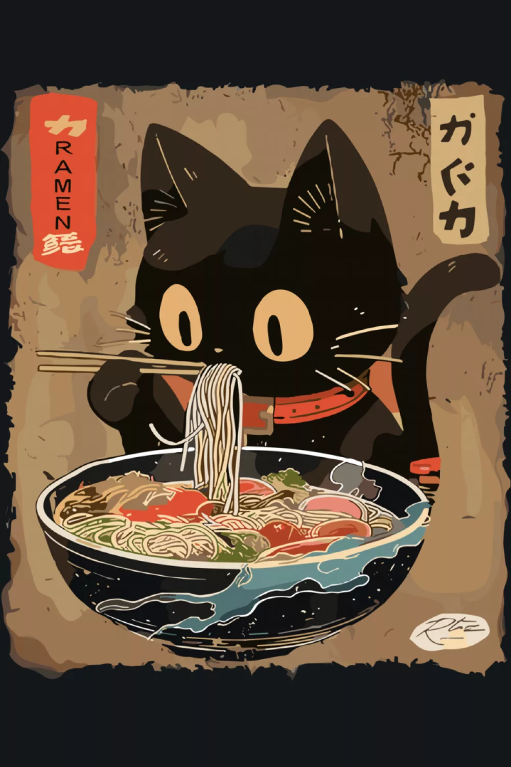 Cute black kitty ramen scene with a more classic art feel and calm composition