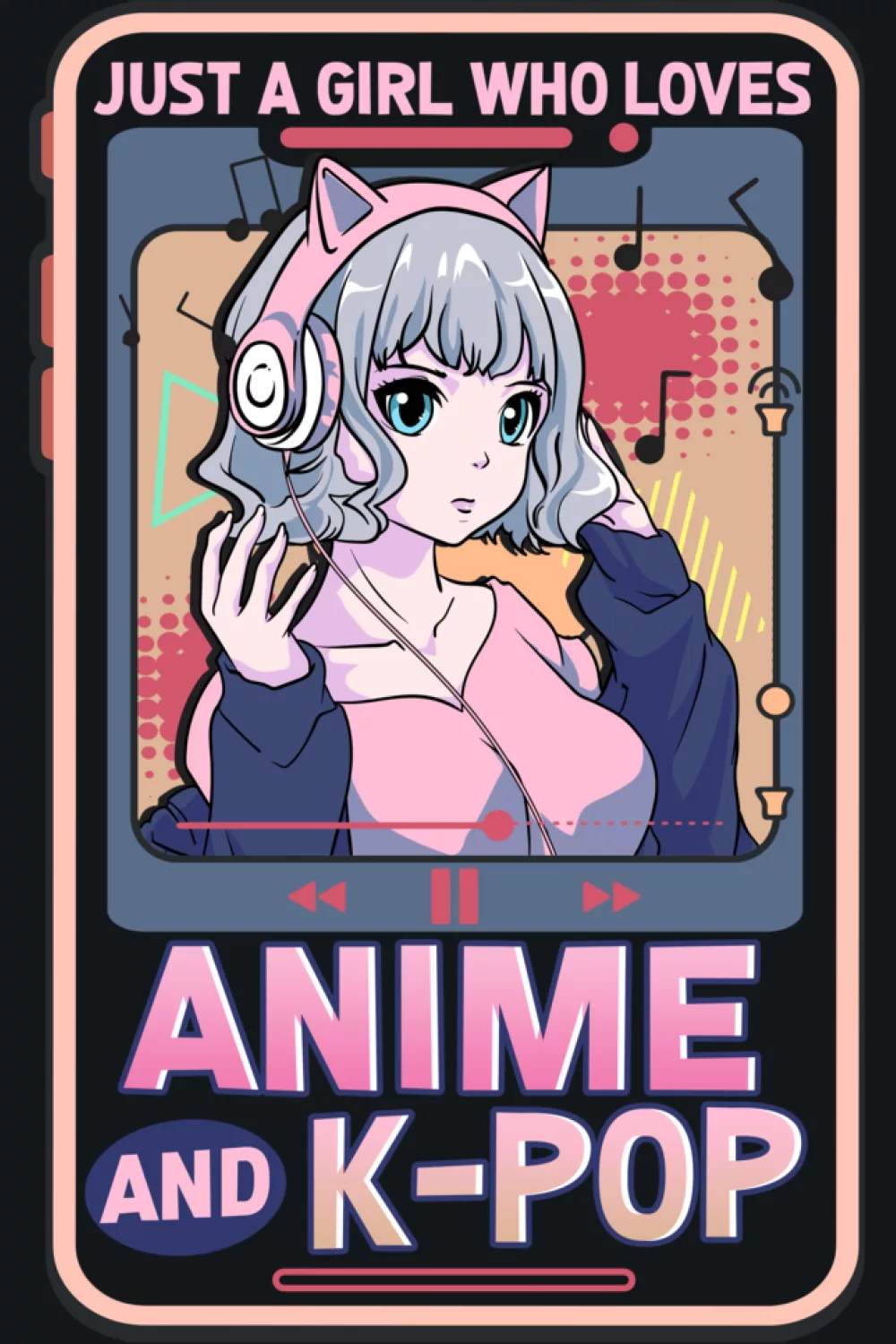 anime girl with a K pop theme message, framed portrait style with bright accents
