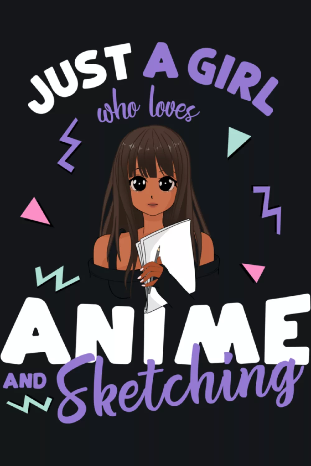 anime girl with a sketchbook and subtle doodles, quote text with a calm cozy mood